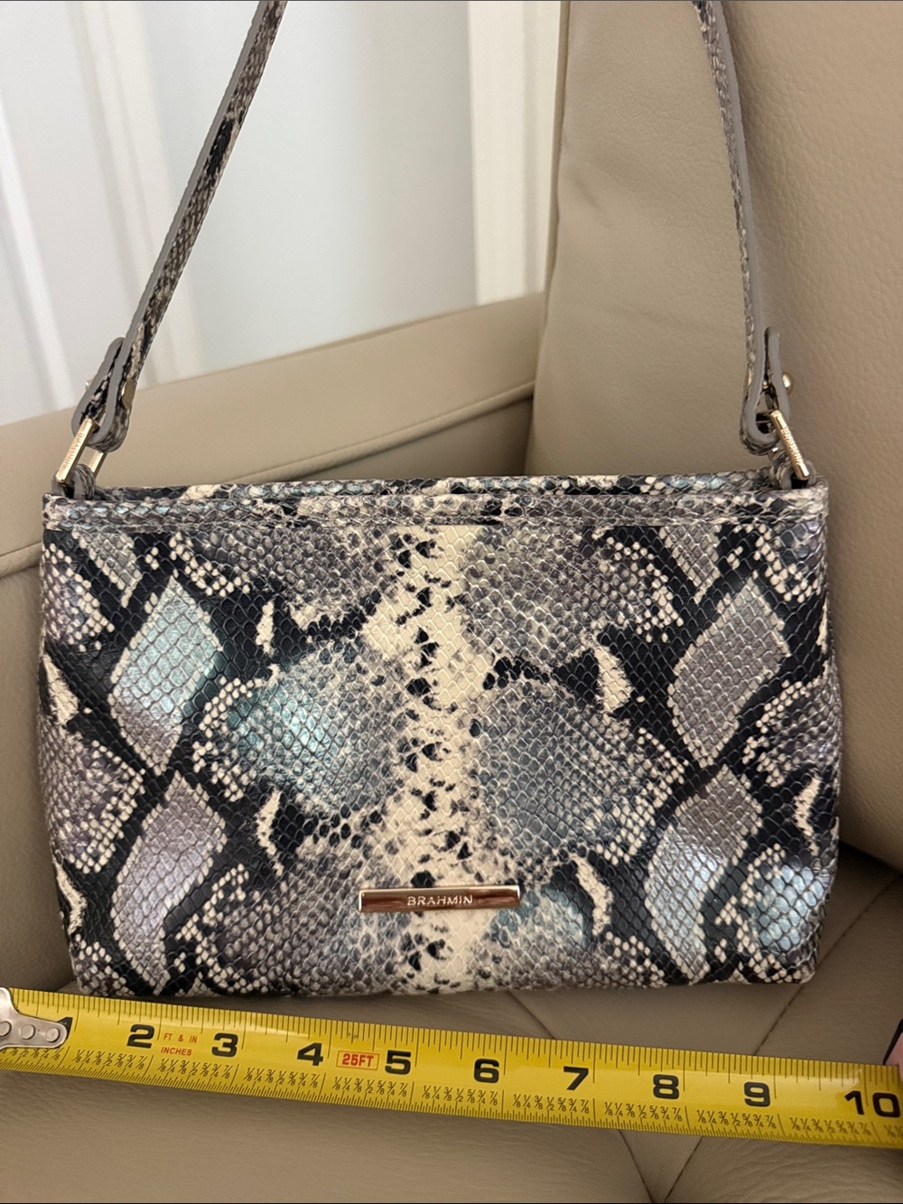 Brahmin Cream, Gray and Black Snake-Print Crossbody with Gold Hardware